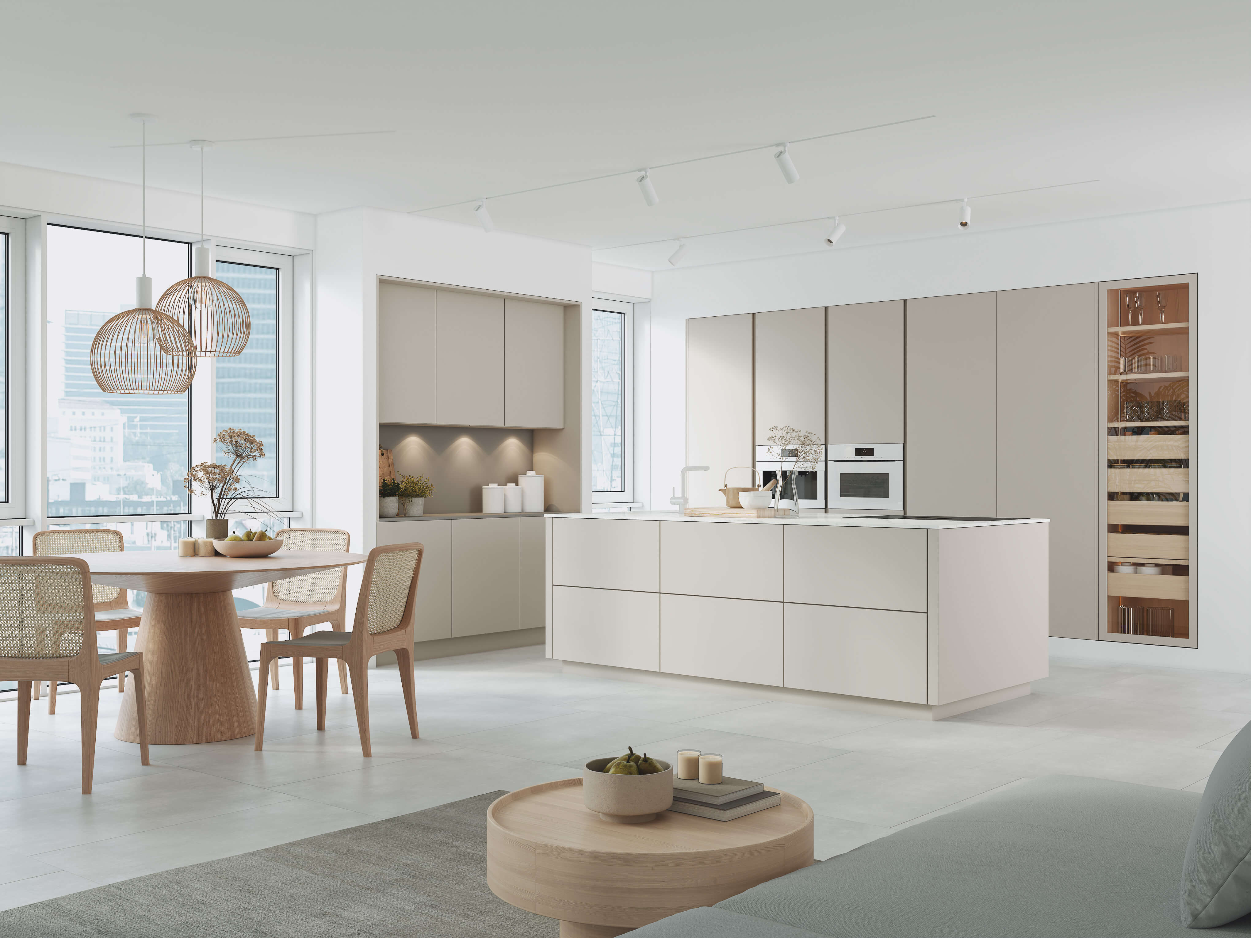 Bright open-plan kitchen and living interior